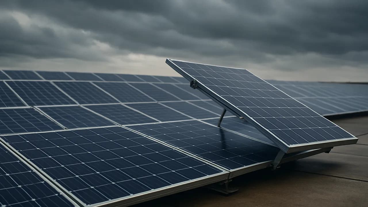 Arranjo fotovoltaico em cobertura comercial: bordas e cantos concentram as maiores pressões de vento.