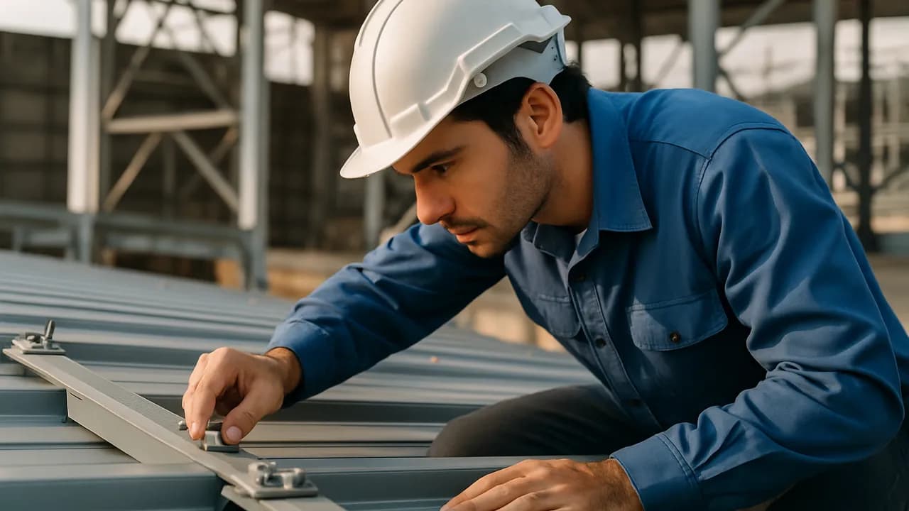 Verificação dos pontos de fixação e estado das terças antes da instalação.