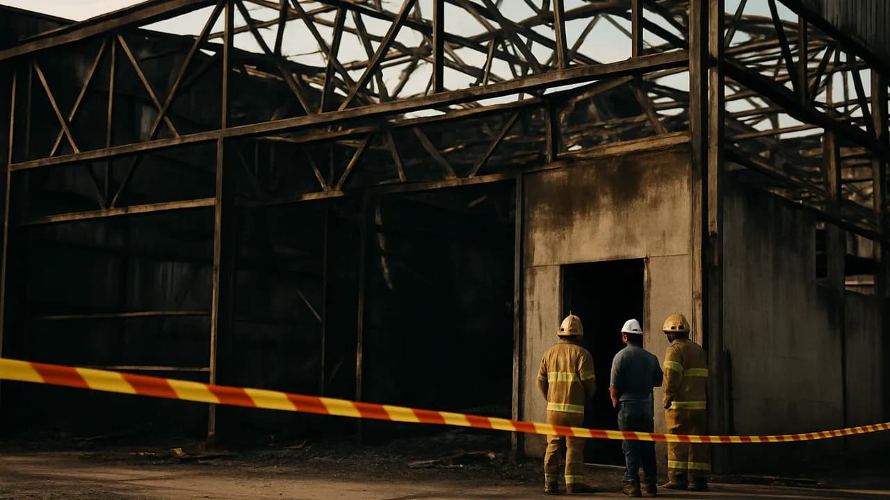 Área de fábrica isolada após incêndio, aguardando vistoria técnica antes da liberação.